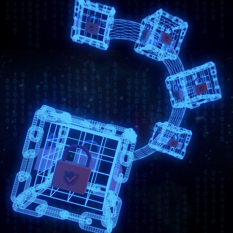 3d render blockchain technology security with digital code abstract background scaled